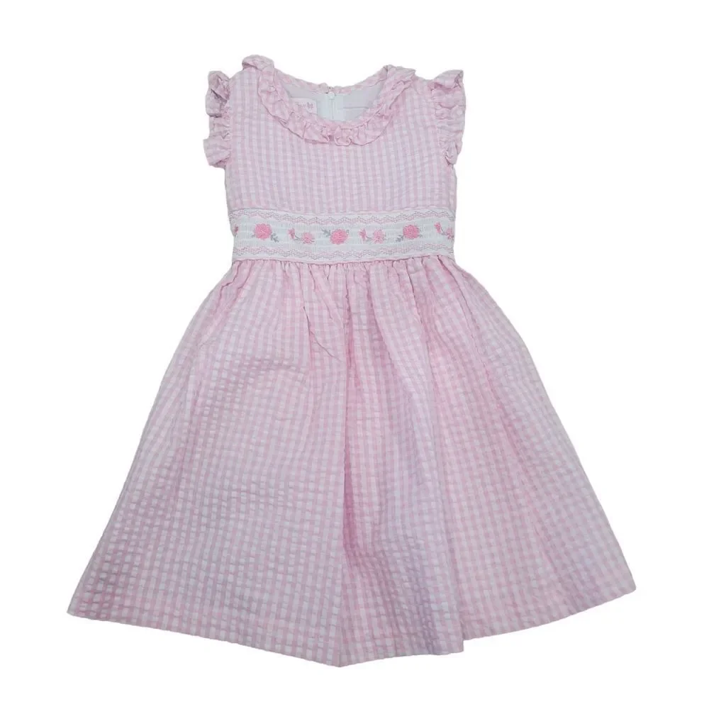 Smocked /embroidered roses gingham dress
